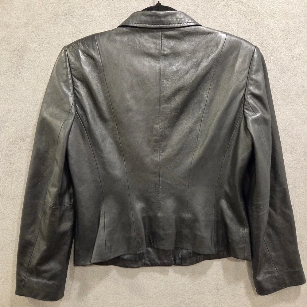 Talbots Black Leather Button Front Blazer Jacket Women's Size 6P Office Classic